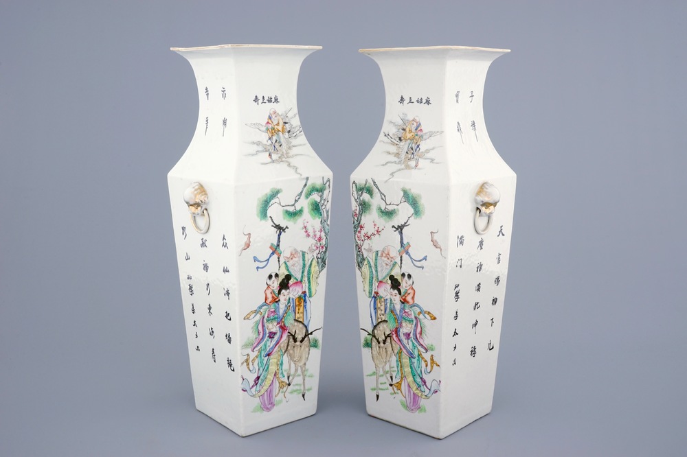 A fine pair of Chinese famille rose square vases, 19/20th C.