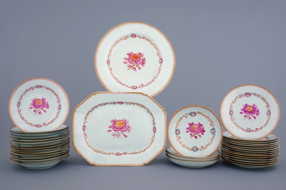 A Chinese famille rose 35-piece service with &quot;John Adams&quot; pattern, Qianlong, 18th C.