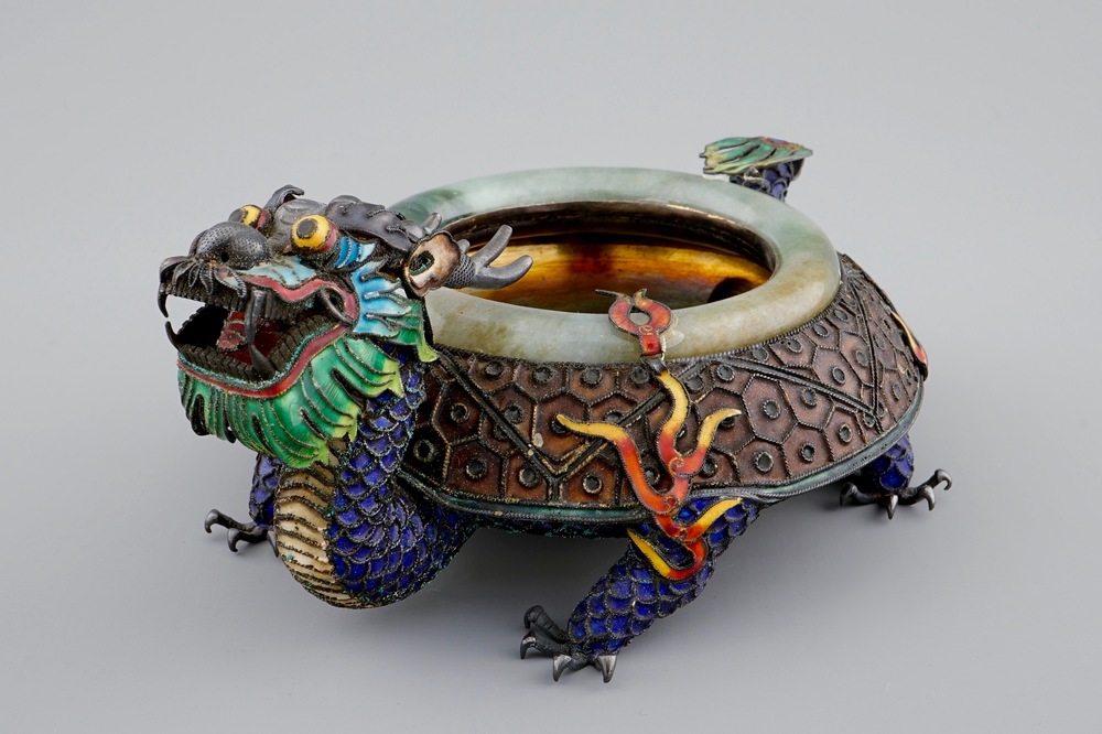 A Chinese enamelled silver and jade censer of dragon shape, 19/20th C.