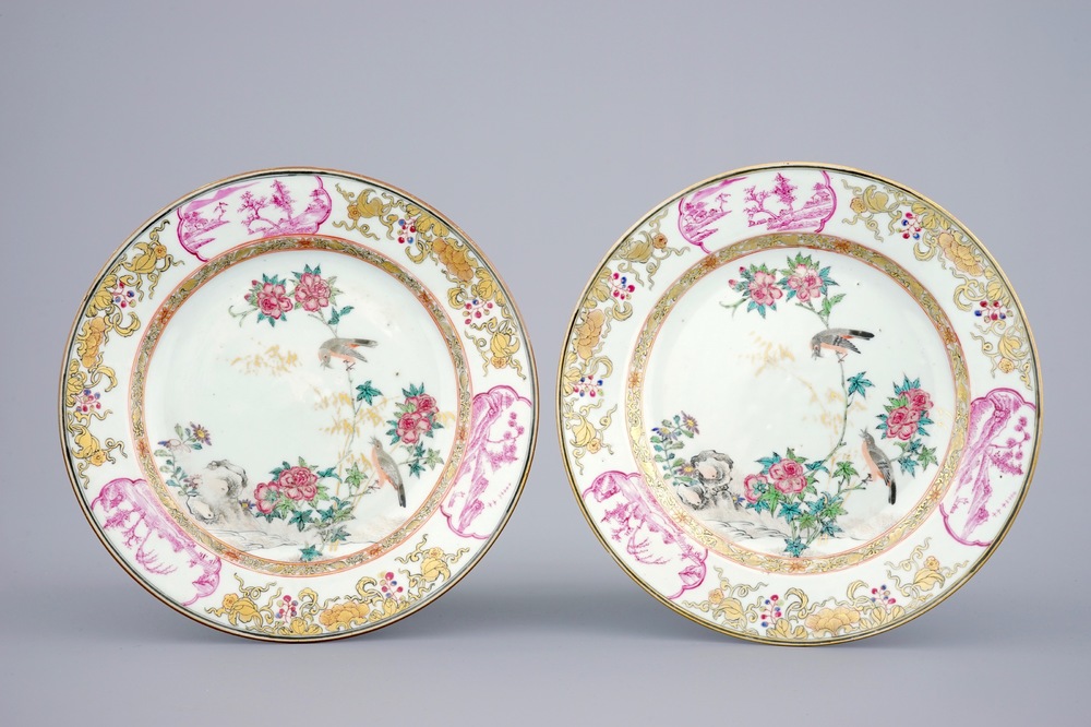 A fine pair of Chinese famille rose plates with birds among flowers, Yongzheng, 1723 - 1735
