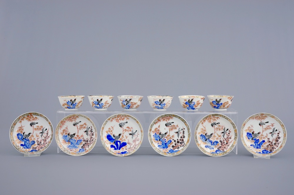 A set of 6 Chinese cups and saucers with birds among bamboo, Yongzheng/Qianlong, 18th C.