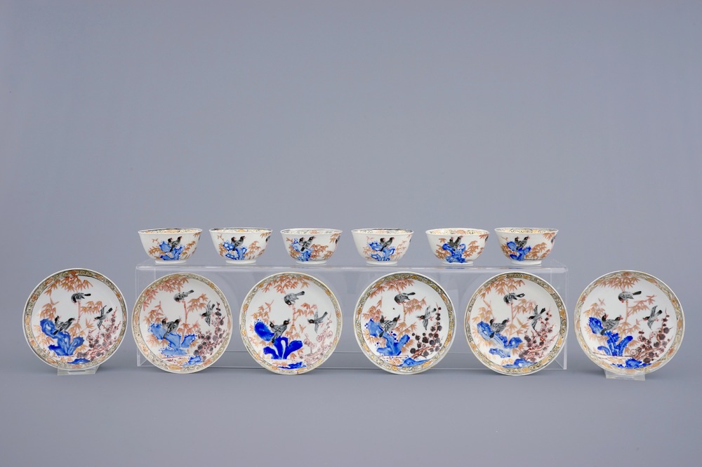 Een set van 6 Chinese koppen en schotels met vogels tussen bamboe, Yongzheng/Qianlong, 18e eeuw