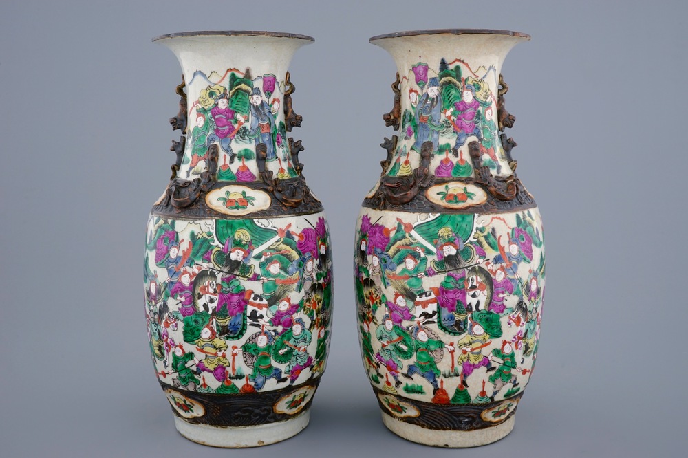 A pair of Chinese famille rose Nanking crackle glaze vases, 19th C.