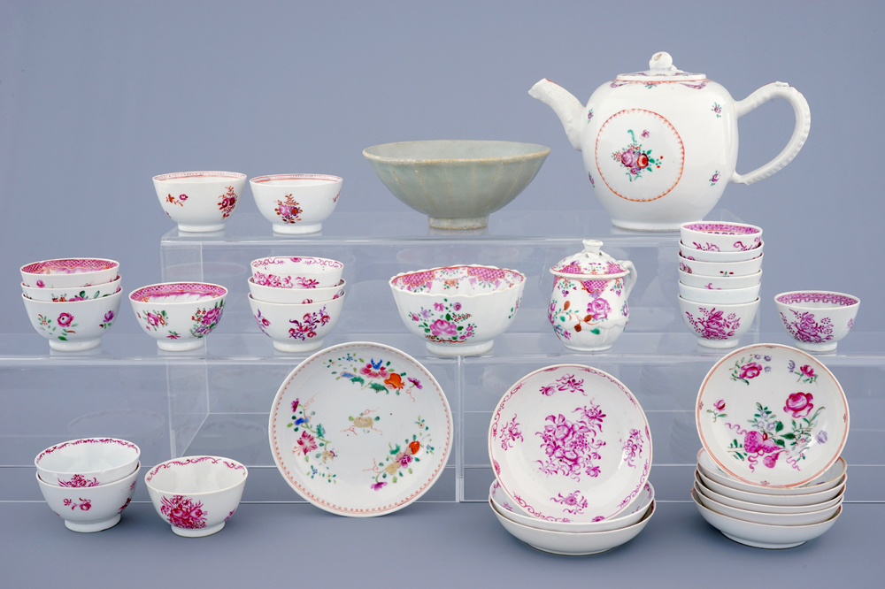 A collection of Chinese famille rose tea wares and a Song bowl, 18th C.