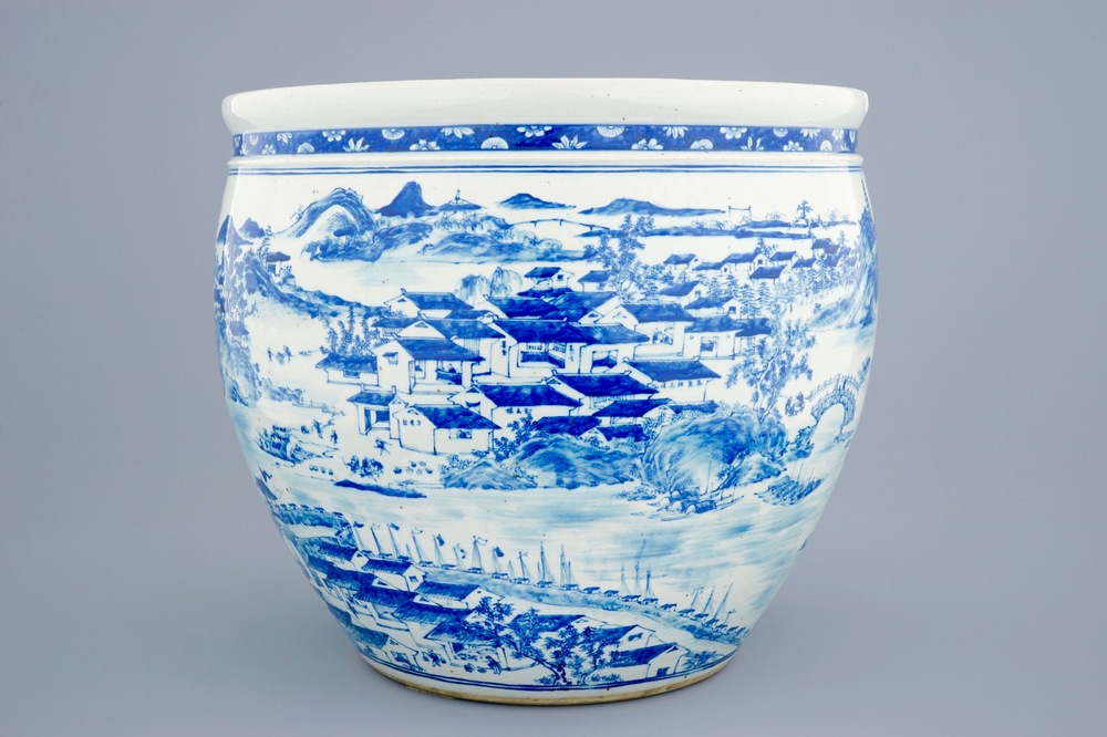 A large Chinese blue and white fish bowl with a view of Canton, 19th C.