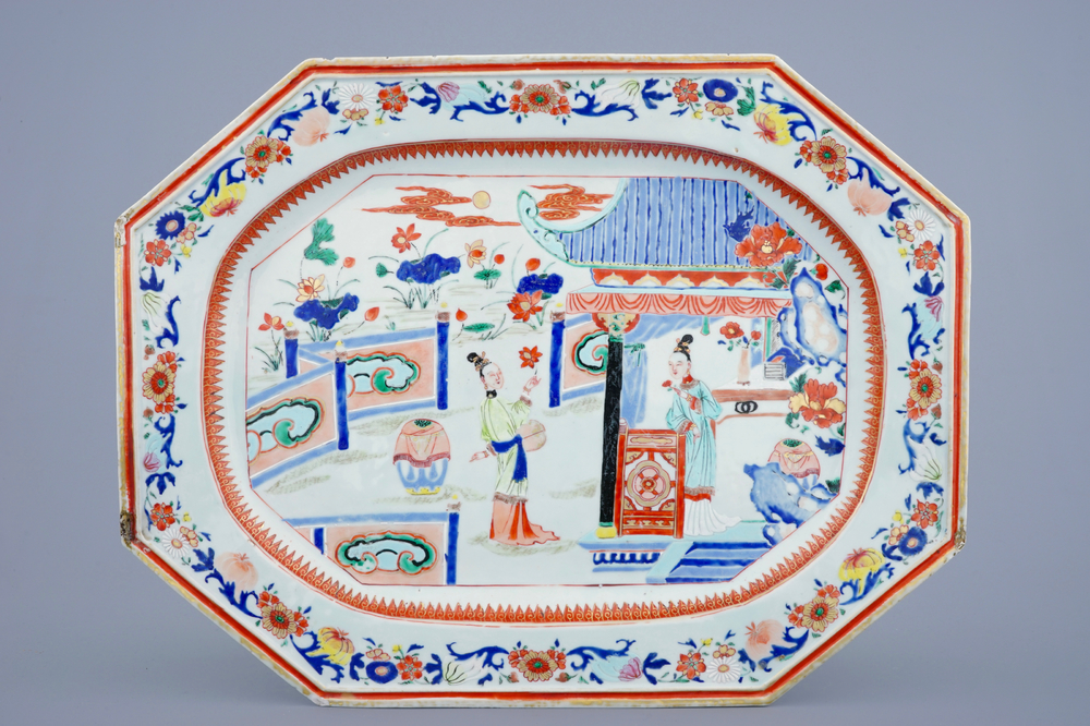 A very large Chinese octagonal famille rose dish with figures, Yongzheng, 1723-1735