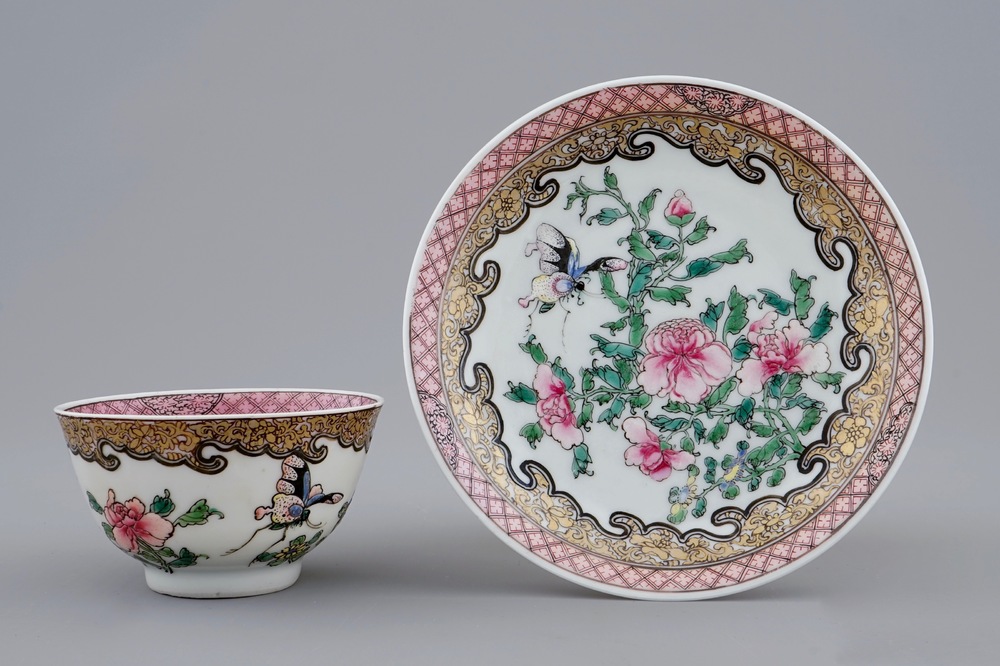 A Chinese famille rose eggshell cup and saucer with butterflies among flowers, Yongzheng, 1723-1735