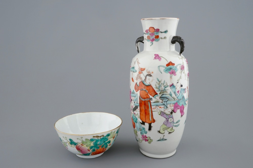 Un vase et un bol en porcelaine de Chine famille rose, 19&egrave;me