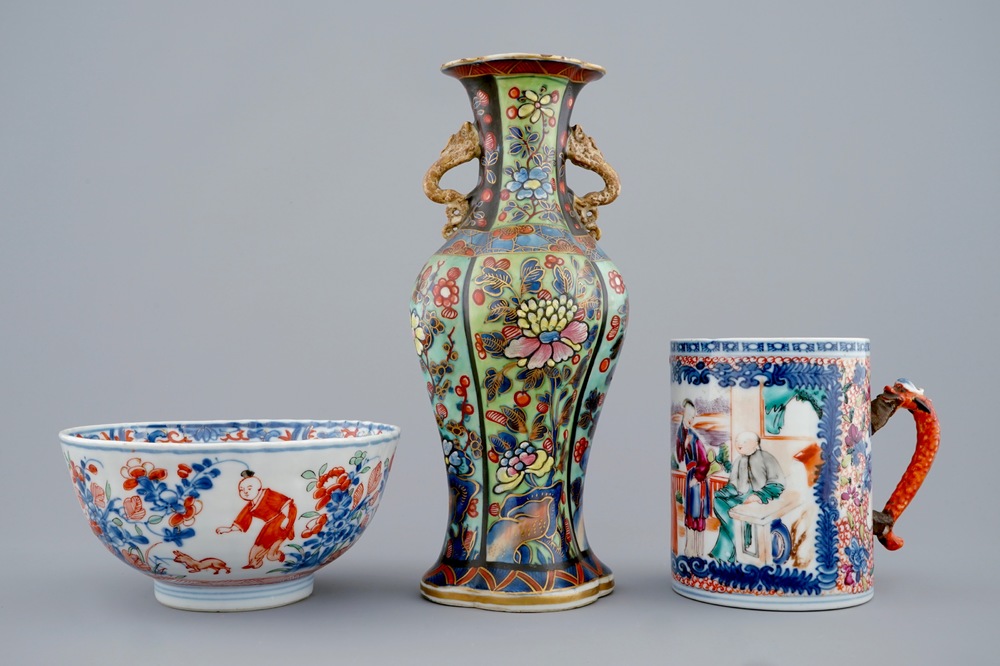 A clobbered vase, an Amsterdam bont bowl and a beer mug of Mandarin design, Kangxi/Qianlong, 18th C.