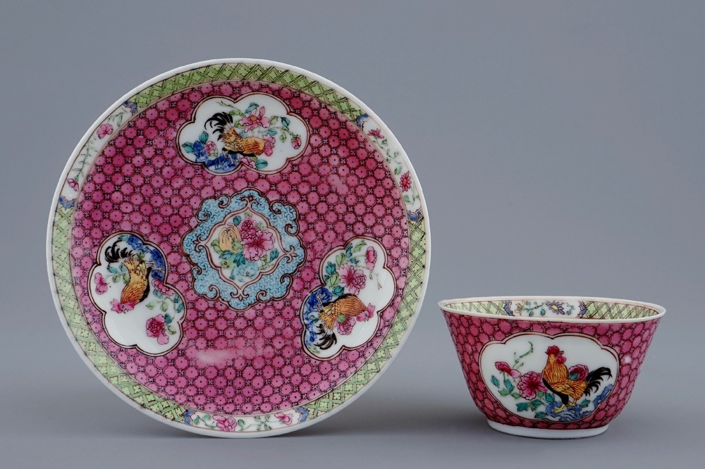 A Chinese famille rose eggshell cup and saucer with a rooster, Yongzheng, 1723-1735