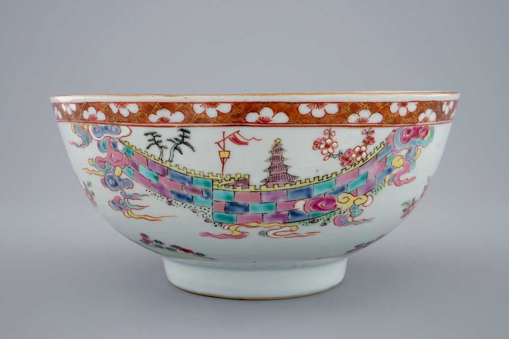 A Chinese famille rose bowl with a landscape, Yongzheng, 1723-1735