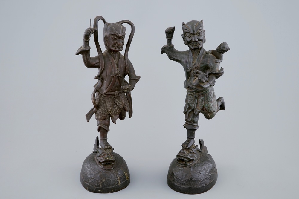 A pair of Chinese bronze mythological figures, Ming Dynasty