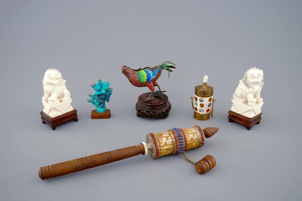 A collection of Chinese ivory, bone, gilt silver and turquoise objects, 19/20th C.