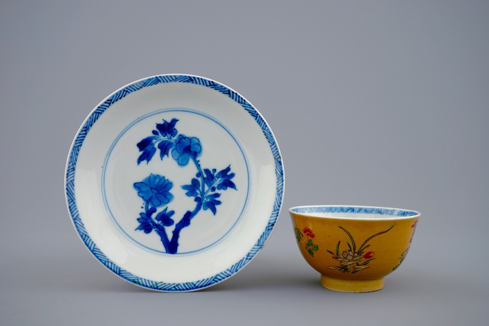 A Chinese famille verte caf&eacute; au lait ground cup and saucer, Kangxi