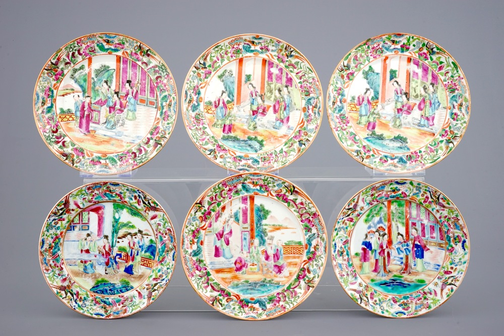 Six assiettes en porcelaine de Chine de Canton, famille rose, 19&egrave;me