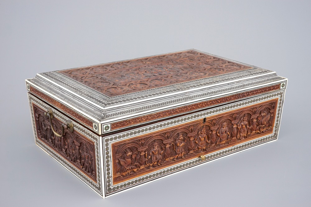 An Anglo-Indian carved wood and ivory work or writing box, Vizagapatam, 19th C.