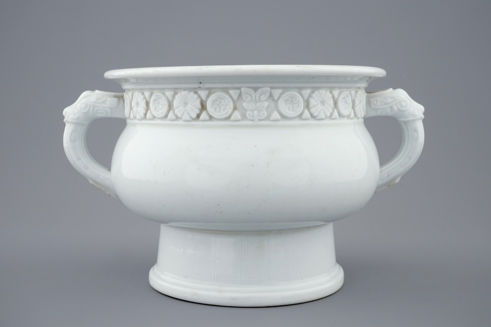 A round Dehua blanc de Chine censer with moulded and underglaze decoration, Kangxi