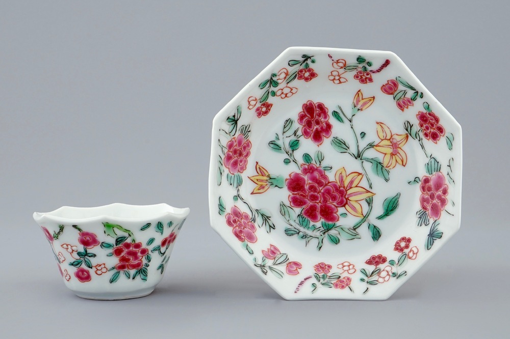 A Chinese famille rose octagonal cup and saucer, Yongzheng, 1723-1735