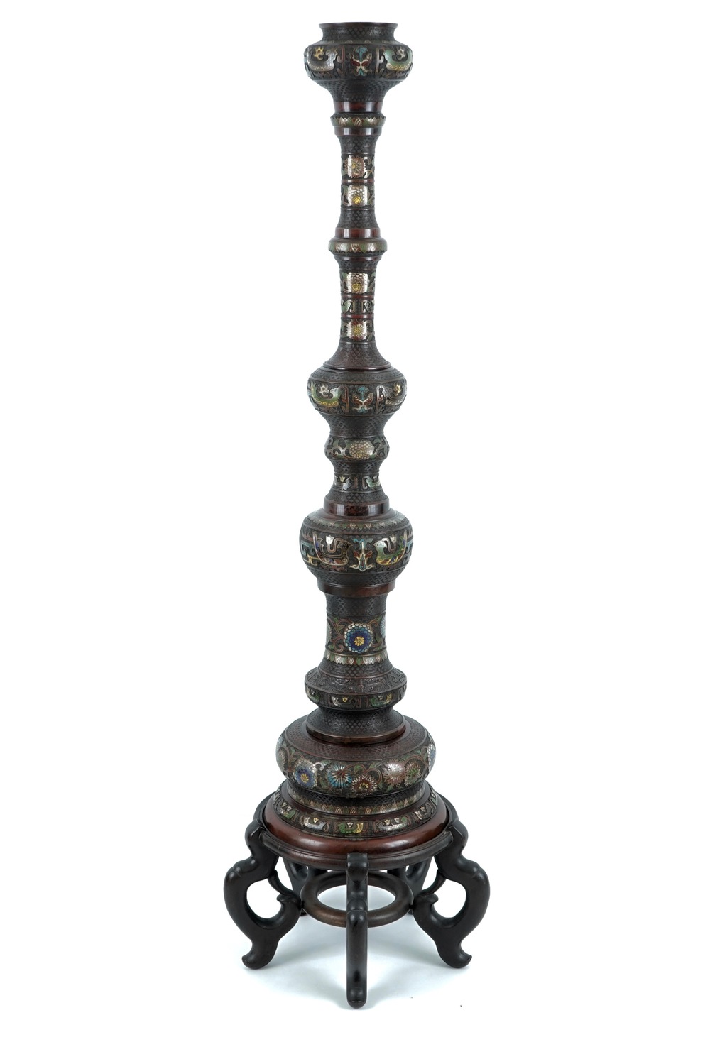 A very tall Japanese champlev&eacute; enamel bronze floor lamp column, Meiji, 19th C.