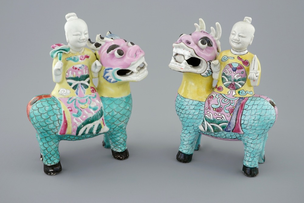 A pair of Chinese famille rose figures of the Immortal Twins, Hehe Erxian, riding a kylin, 18th C