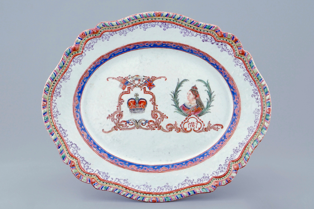 A Chinese oval famille rose dish with an English market design, 18th C.