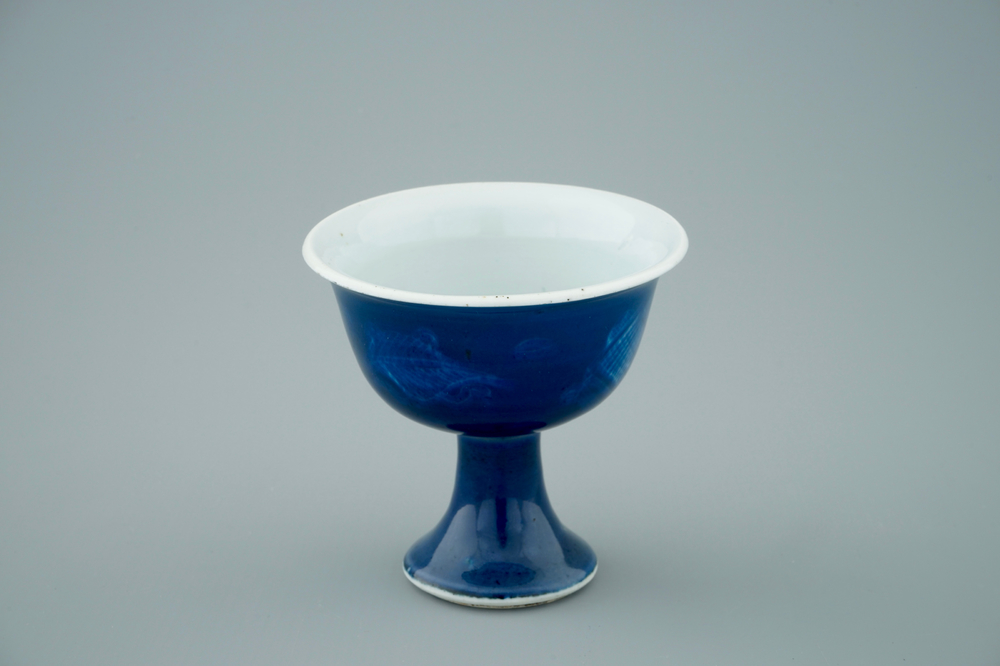 A Chinese sacrificial blue stem cup with underglaze design, Kangxi