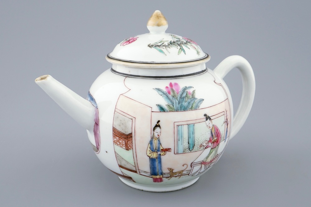 A Chinese famille rose teapot and cover with a garden scene, Yongzheng, 1723-1735
