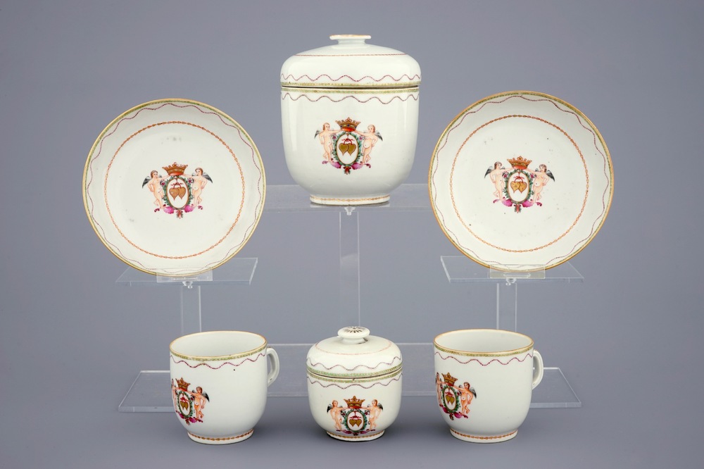 A Chinese famille rose and gilt part tea service with cherubs, Qianlong, 18th C.
