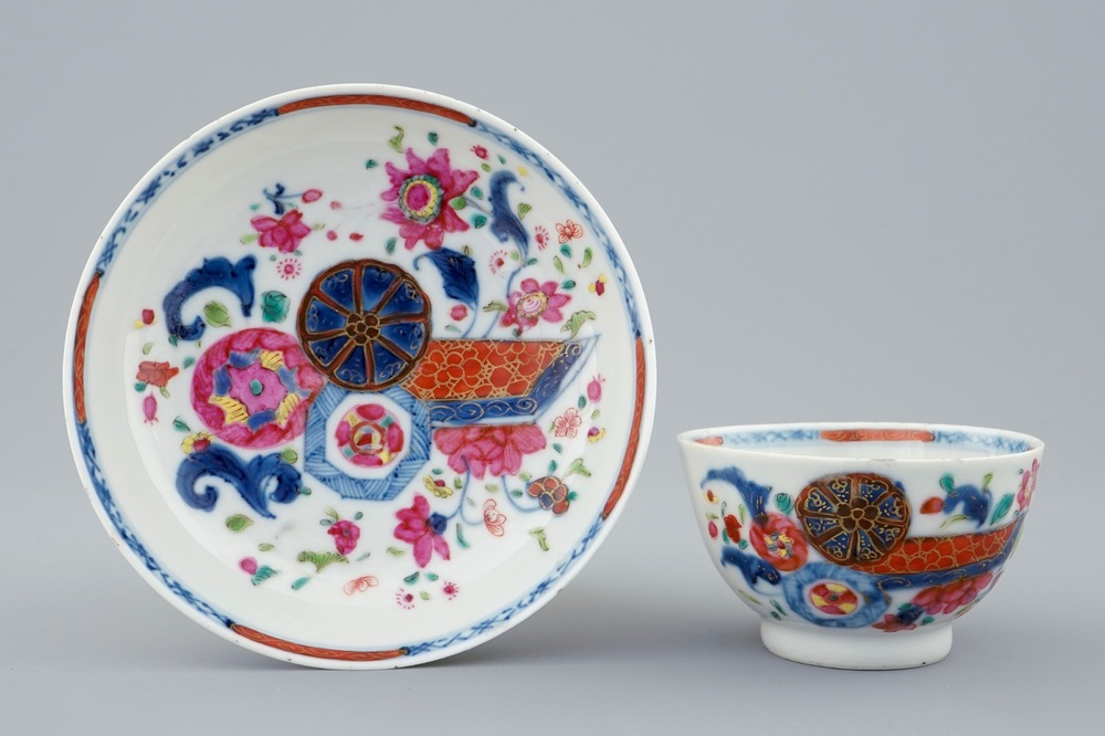 A Chinese famille rose cup and saucer with pseudo tobacco leaf design, Qianlong, 18th C.