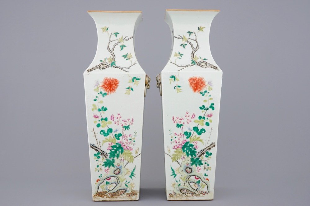 A pair of Chinese famille rose square vases with fine floral decoration, 19th C.