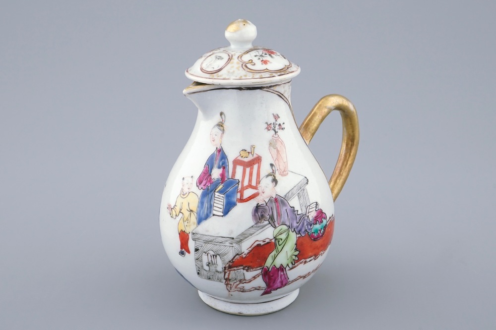 A Chinese famille rose mandarin milk jug and cover, Qianlong, 18th C.