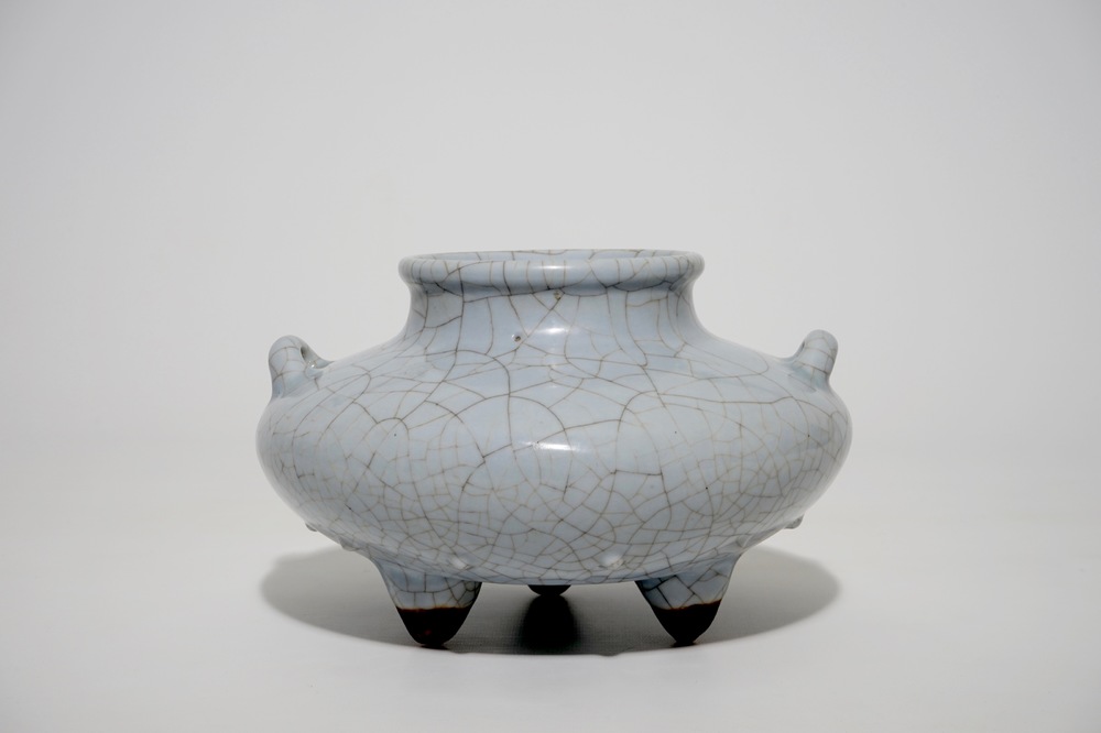 A Chinese crackle glazed tripod censer of fish basket form, Qianlong sealmark and poss. of the period