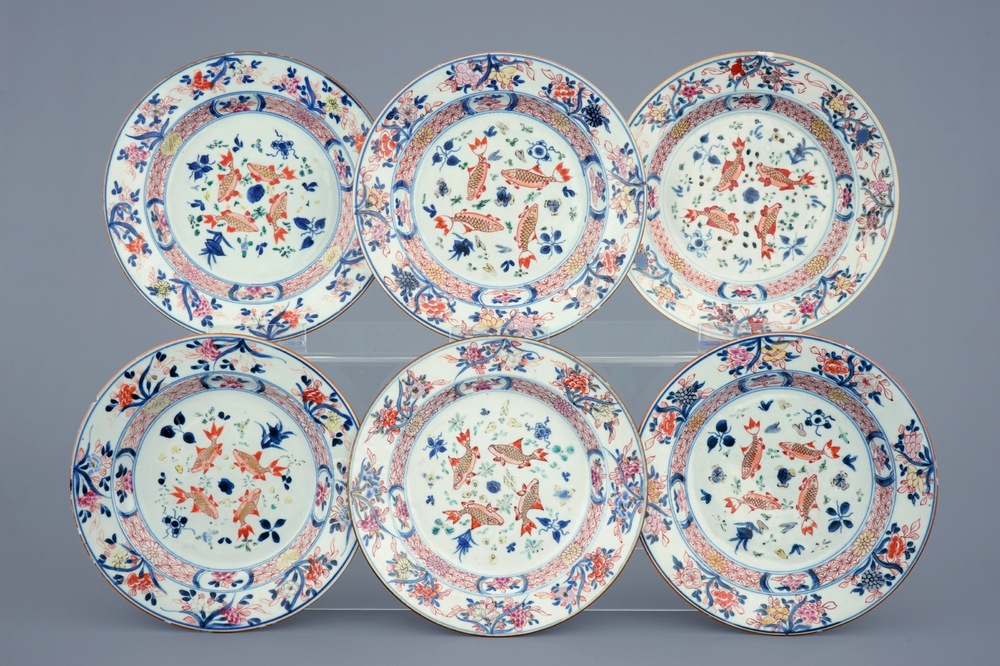 A set of 6 Chinese rose-verte plates with carps, Qianlong, 18th C.