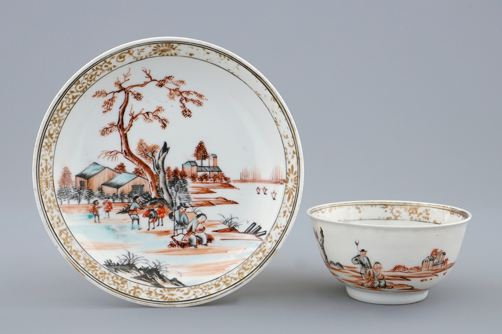 A Chinese export porcelain European subject cup and saucer, Yongzheng/Qianlong