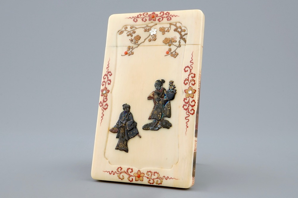 A Japanese Shibayama lacquered ivory card case, Meiji, 19th C.