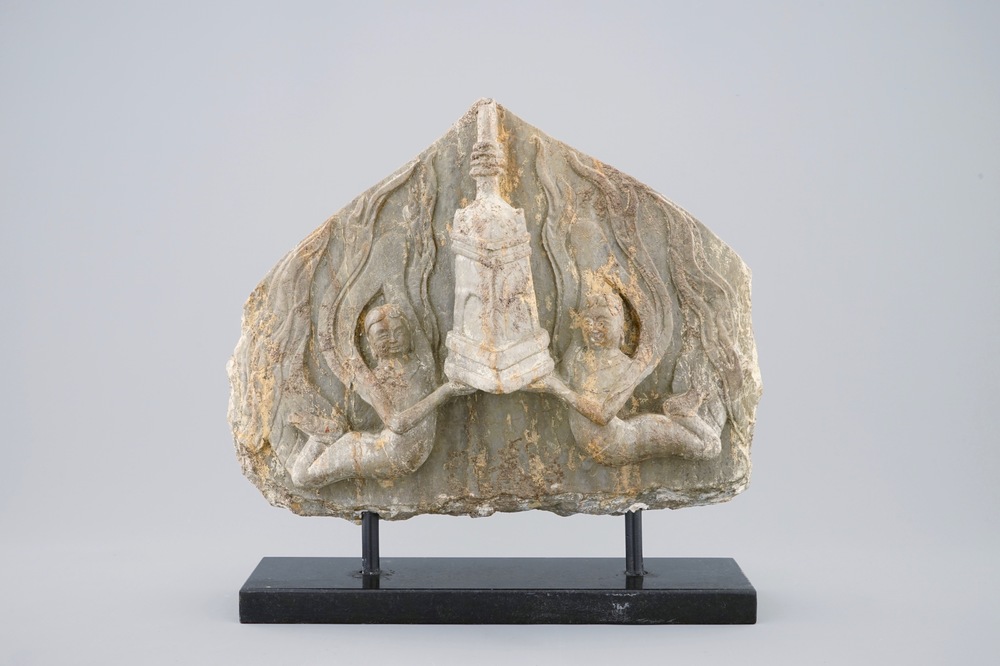 A Chinese carved marble Buddhist stele fragment, Northern Qi or Sui Dynasty, 6/7th C.