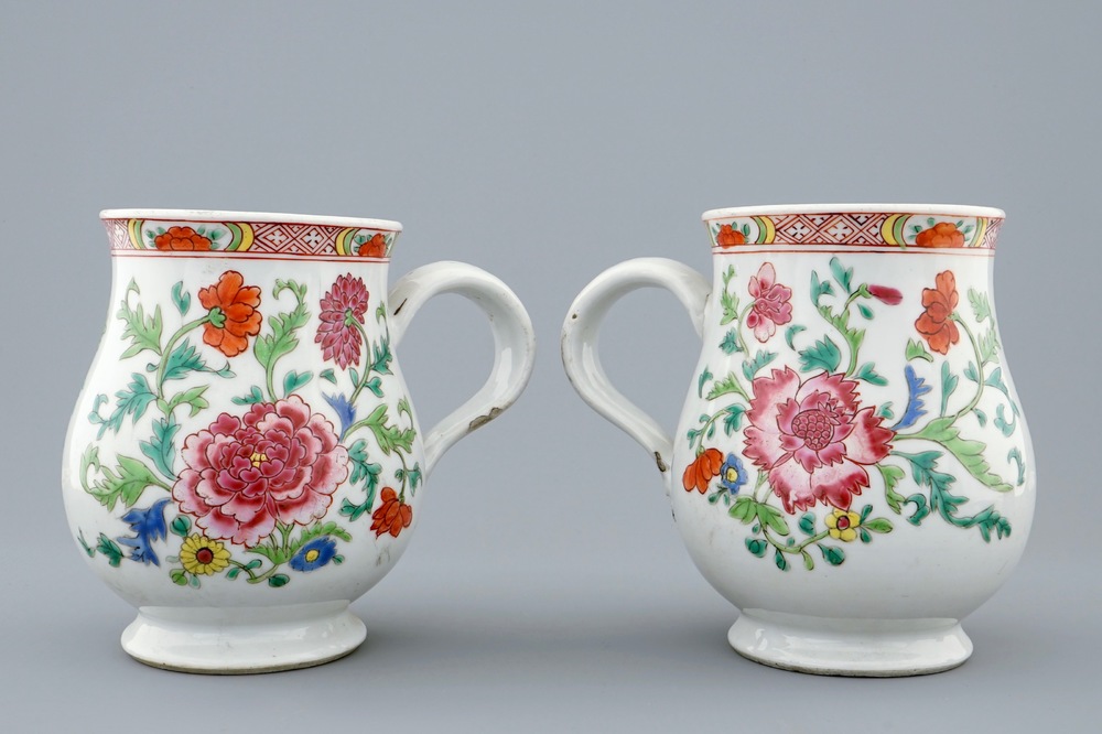 Two Chinese famille rose export porcelain beer mugs, Qianlong