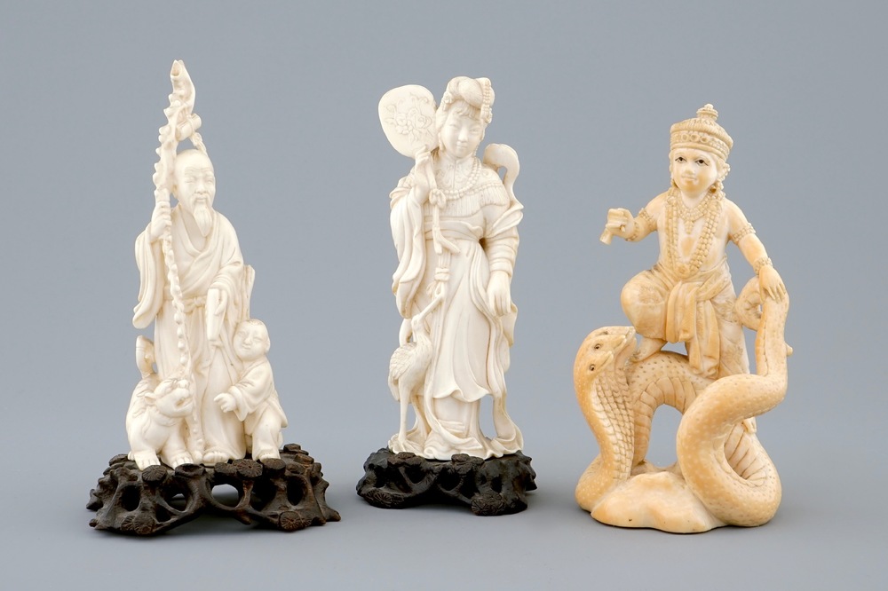 A set of 3 Chinese and Indian carved ivory figures, early 20th C.