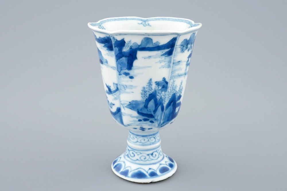A Chinese blue and white faceted cup on foot, Kangxi