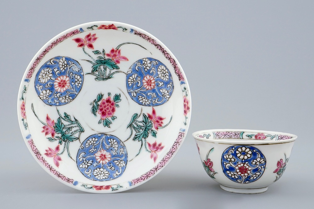 A Chinese famille rose semi-eggshell cup and saucer with floral design, Yongzheng/Qianlong