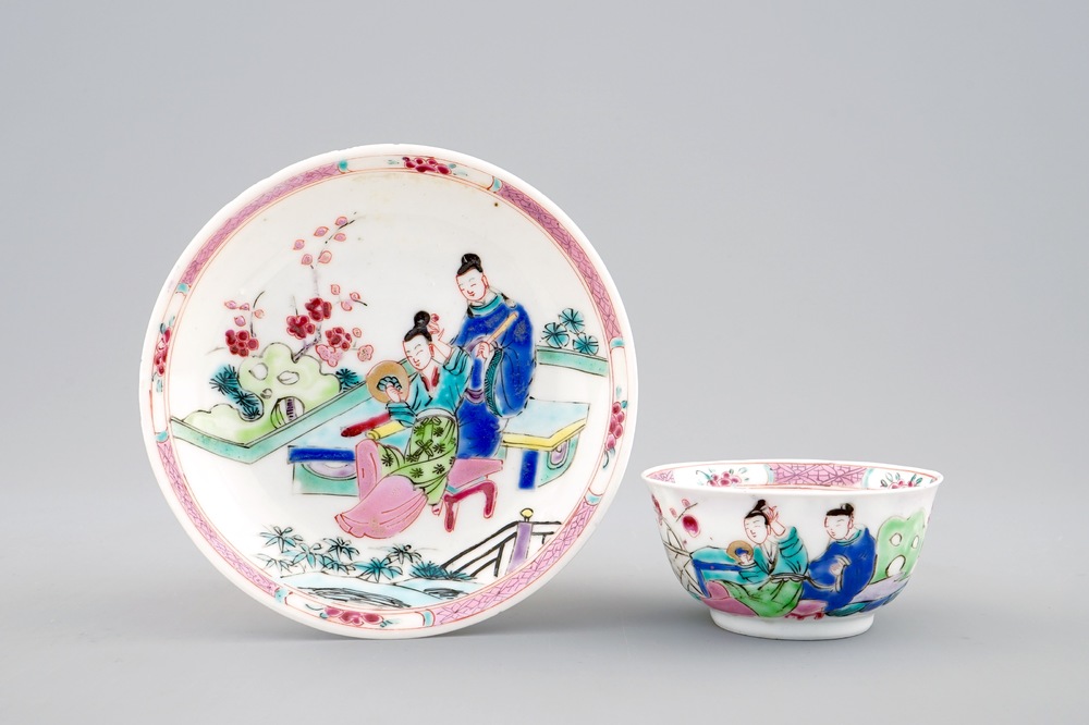 A Chinese famille rose eggshell cup and saucer with garden scene, Yongzheng, 1723-1735
