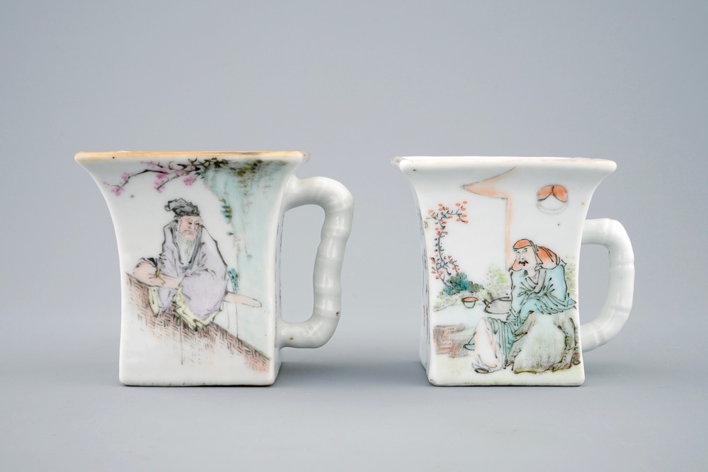 Two Chinese qianjiang cai square wine cups, 19/20th C.