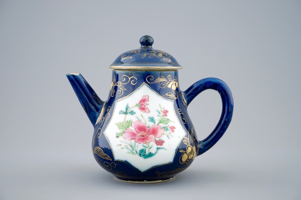 A Chinese famille rose powder blue ground teapot and cover, Yongzheng, 1723-1735