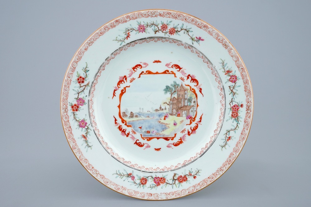 A Chinese famille rose and gilt Meissen style landscape plate, Qianlong, 18th C.