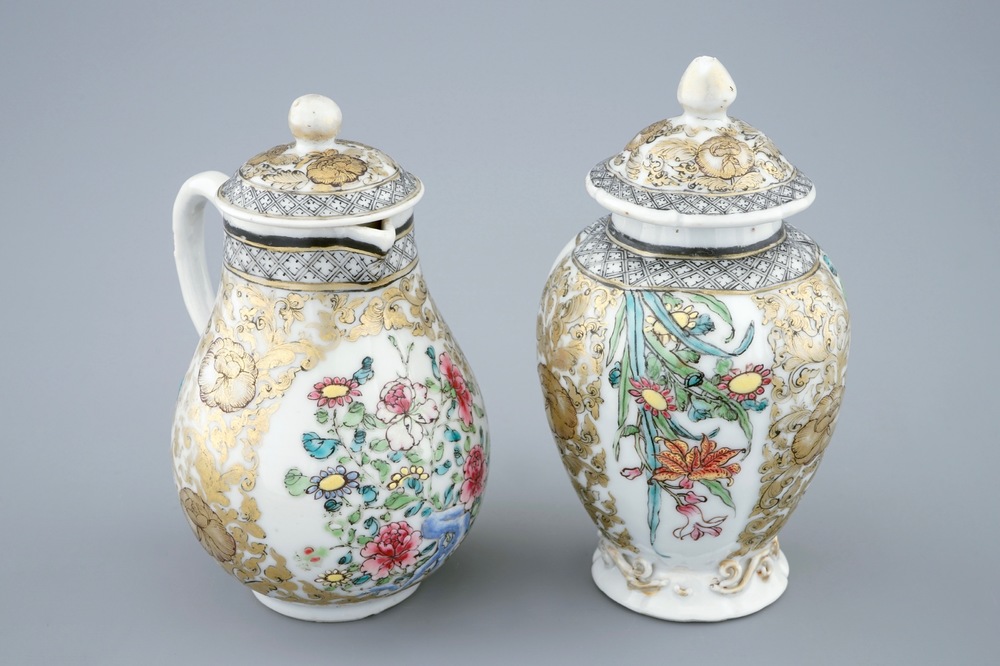 A Chinese grisaille and gilt tea caddy and a covered jug, Yongzheng, 1723-1735