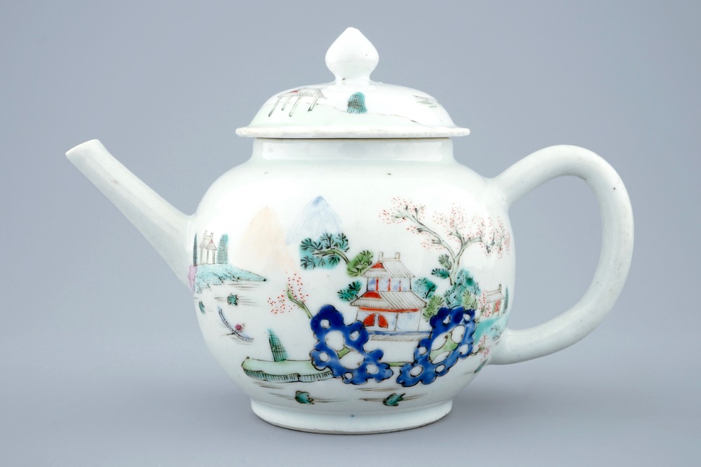 A Chinese famille rose teapot and cover with a fine landscape, Qianlong, 18th C.