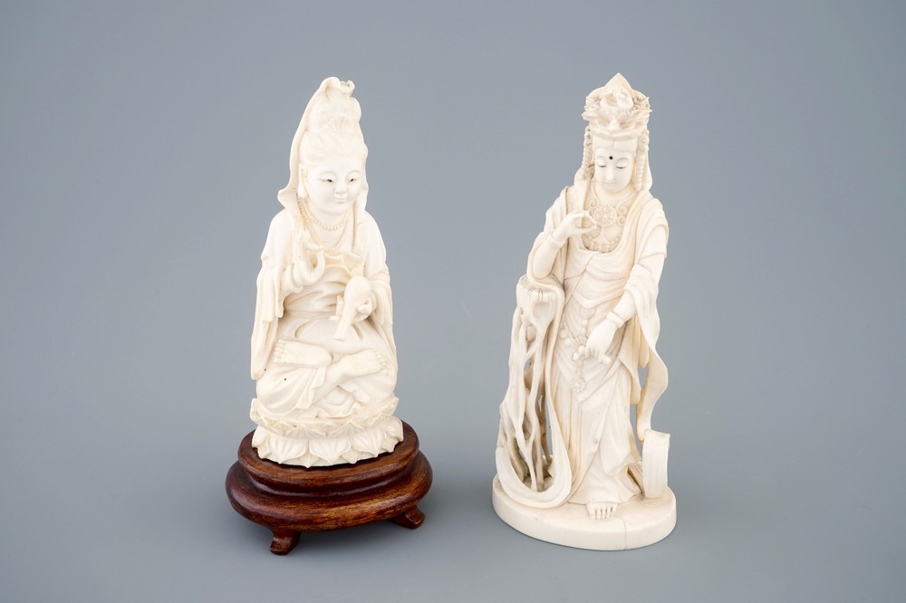 Two Chinese carved ivory figures of Boddhisatva, ca. 1920