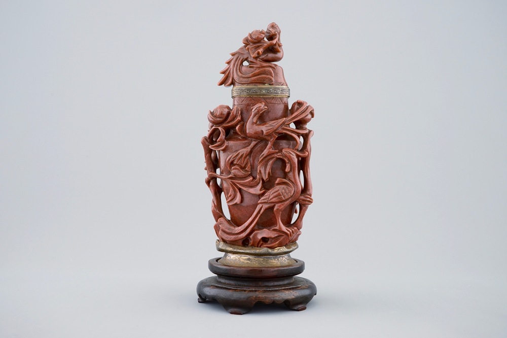 A Chinese carved goldstone vase and cover with bronze mount by Maquet, Paris, 19/20th C.