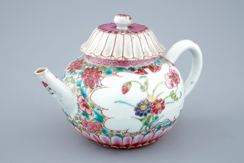 A Chinese famille rose lotus-shaped teapot and cover, Yongzheng, 1723-1735