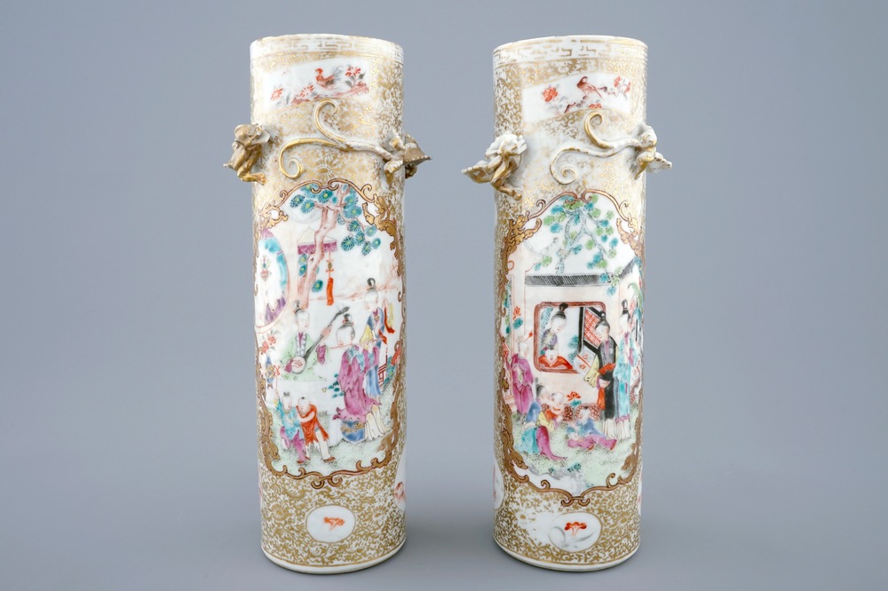 A pair of Chinese famille rose mandarin sleeve vases, Qianlong, 18th C.